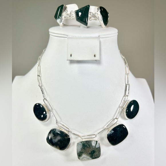 Moss Agate 925 Rectangles Necklace & Bracelet Set - Picture 3 of 9